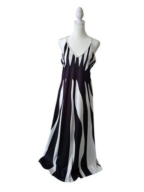 Womens Elegant Black & White Print Sleeveless Maxi Dress M Beachy Resort Wedding